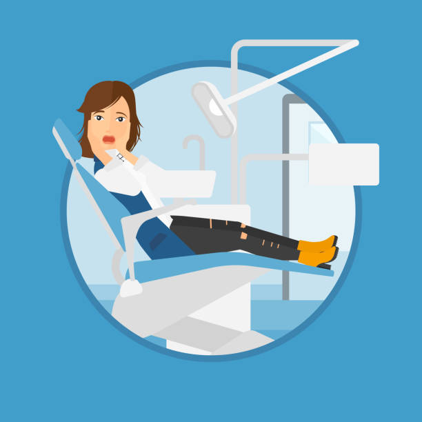 испуганный пациент в стоматологическом кресле - dentist dentist office dentists chair cartoon stock illustrations