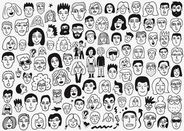 ilustrações de stock, clip art, desenhos animados e ícones de faces of people doodles - symbol family people men