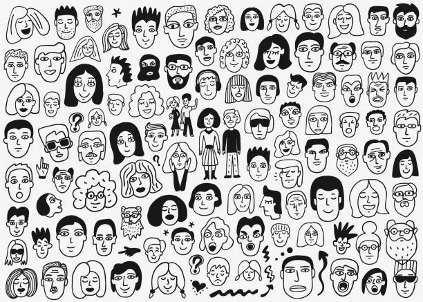 faces of people doodles faces of people - hand drawn doodle set happy family stock illustrations