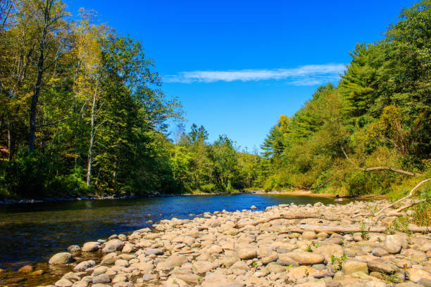 View from the rocky bank of the Farmington River stock photo