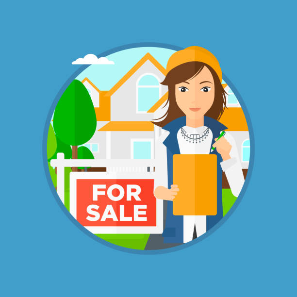 Real estate agent signing contract Female real estate agent signing a contract. Young real estate agent standing in front of the house with placard for sale. Vector flat design illustration in the circle isolated on background. cartoon of a sold real estate sign stock illustrations