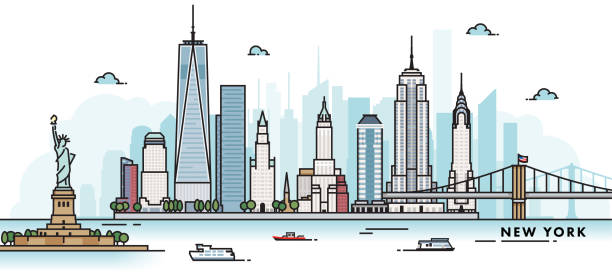 illustrazioni stock, clip art, cartoni animati e icone di tendenza di skyline di new york - new york city panoramic statue of liberty skyline