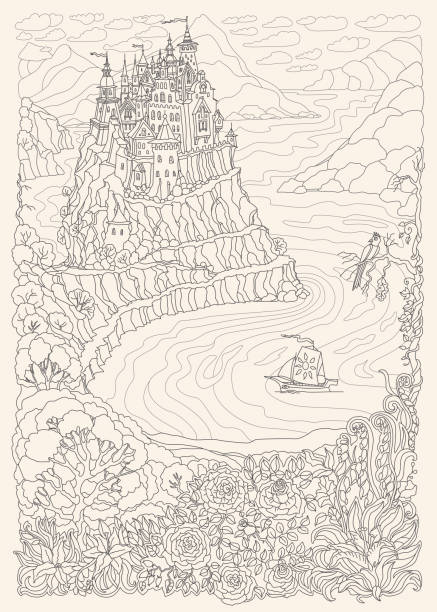Fantasy landscape. Fairy tale Unicorn horse and castle on a hill in the mountains on a light beige background. Sea fjord bay, pixie forest, garden roses, lilies. T-shirt print. Adults and children Coloring book monochrome page Fantasy landscape. Fairy tale Unicorn horse and castle on a hill in the mountains on a light beige background. Sea fjord bay, pixie forest, garden roses, lilies. T-shirt print. Adults and children Coloring book monochrome page coloring book cover stock illustrations