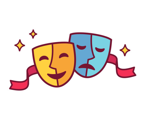 Comedy and tragedy theater masks Traditional theater symbol, comedy and tragedy masks with red ribbon. Yellow happy and blue sad mask icon, vector illustration. theater industry illustrations stock illustrations