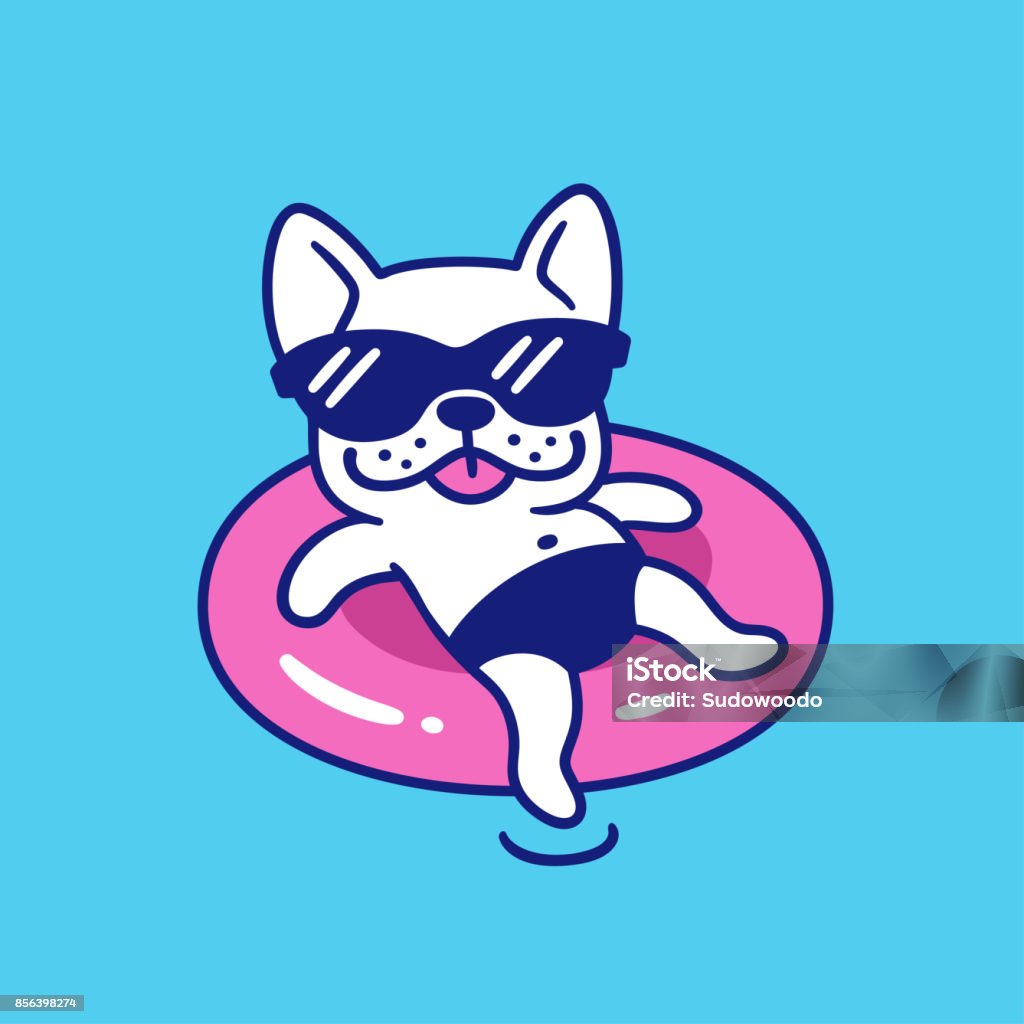 Funny French bulldog in sunglasses Funny French bulldog in sunglasses with pool float. Cute cartoon dog on summer pool party. Vector illustration. Dog stock vector