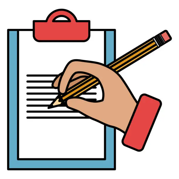 Vector illustration of hand human with pencil writing in clipboard