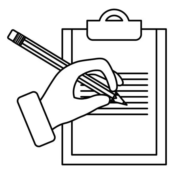 Vector illustration of hand human with pencil writing in clipboard