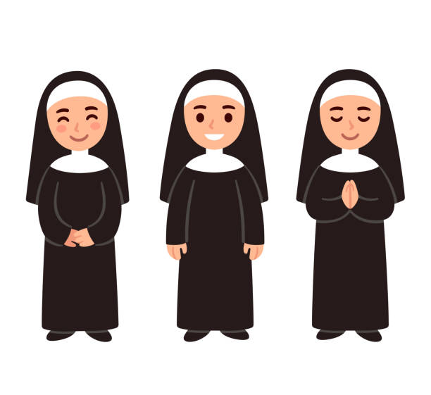 ilustraciones, imágenes clip art, dibujos animados e iconos de stock de conjunto de dibujos animados lindo monja - nun praying clergy women