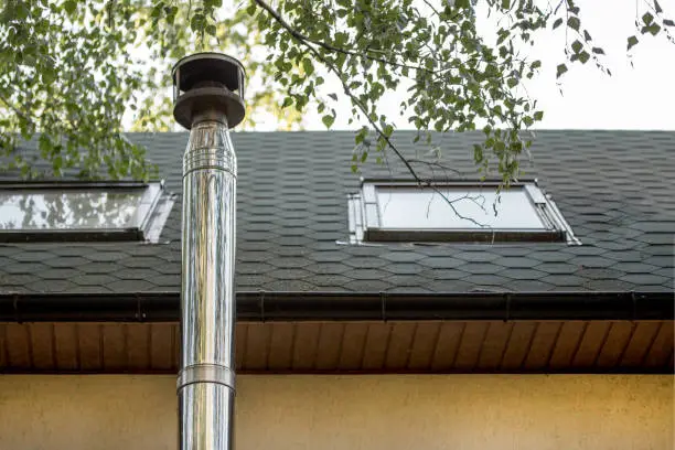 Stainless steel chimney flue  on the tile covered roof with rooftop windows at country cottage .