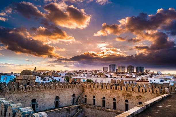 View from the walls of the fortress of Ribat of Sousse in Tunisia View from the walls of the fortress of Ribat of Sousse in Tunisia. Medieval architecture in sunset light. casbah photos stock pictures, royalty-free photos & images