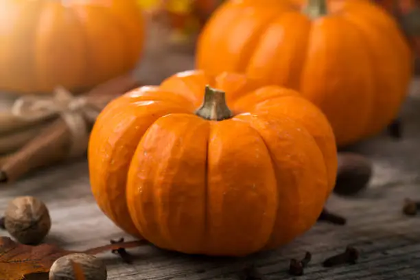 Pumpkin with cinnamon spice, nutmeg, and clove on rustic wood farm table with autumn leaves.