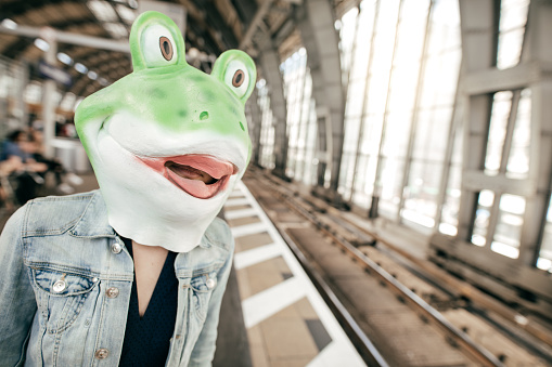 Green frog doll with white lines isolated on white