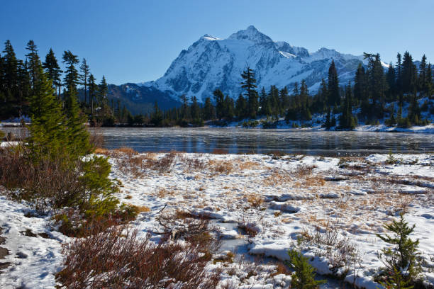 Mount Shuksan winter scene Winter scene of Mount Shuksan and Picture lake frozen over with ice on a clear day. picture lake stock pictures, royalty-free photos & images