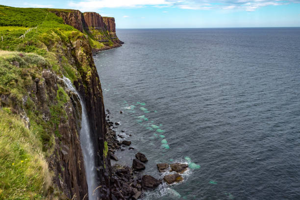Mealt Waterfall and Kilt Rock landscape on the Isle of Skye in Scotland.