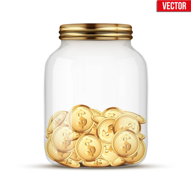 Saving money coin in jar. Saving money coin in jar. Symbol of investing and keeping money. Vector Illustration isolated on white background. best gold ira deposits stock illustrations