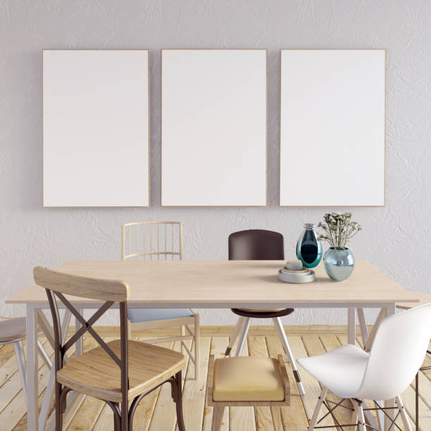 istock Mock up poster in interior with dining area. living room modern style. 3d illustration 856469046
