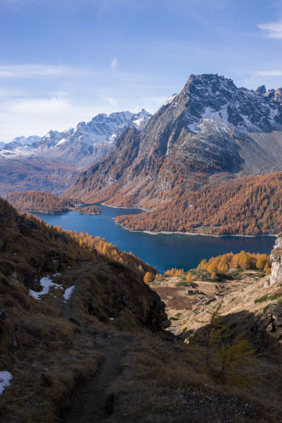 istock Scenics dam lake landscape with larches forest on mountain in sunny autumn fall day outdoor 856476306