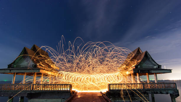 istock Burning steel wool fireworks,Line of light in circle from fire swing dancing, Art shown at night time 856480512