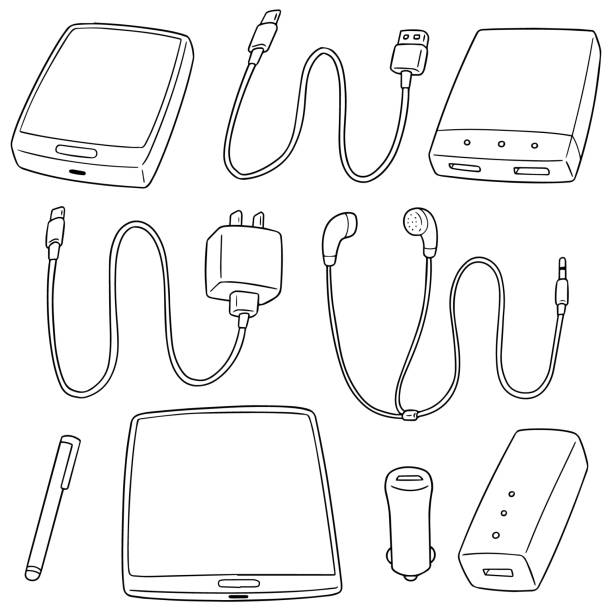 mobile device accessories vector set of mobile device accessories cartoon of the mobile phone charger stock illustrations