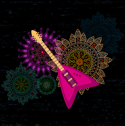 80s Guitar With Retro Background in this file clipping mask yes,  all elements separate grouped and separate layered and easy to edit