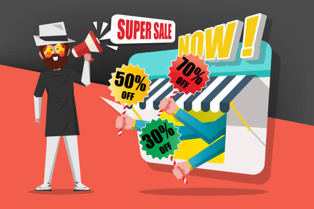 istock Sale and Shopping Concept, Gentlemen use the call megaphone to call customers to buy in the shop, Cartoon Character flat style design 856488314