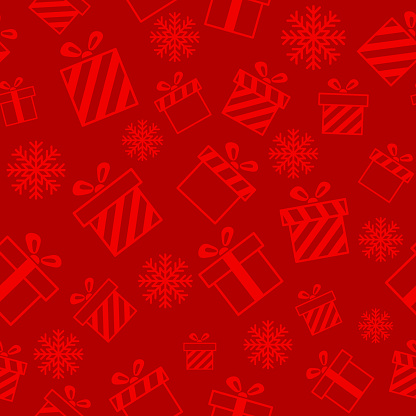 Christmas vector seamless pattern with gift boxes on red background. New year vector design. Wrapping paper for Christmas gift boxes, birthday, wedding and other holidays