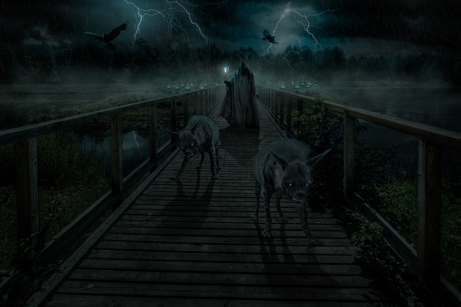 On a thunderstorm night through the open diabolical gate the dark lord walks along the bridge of park, accompanied by two hyenas.