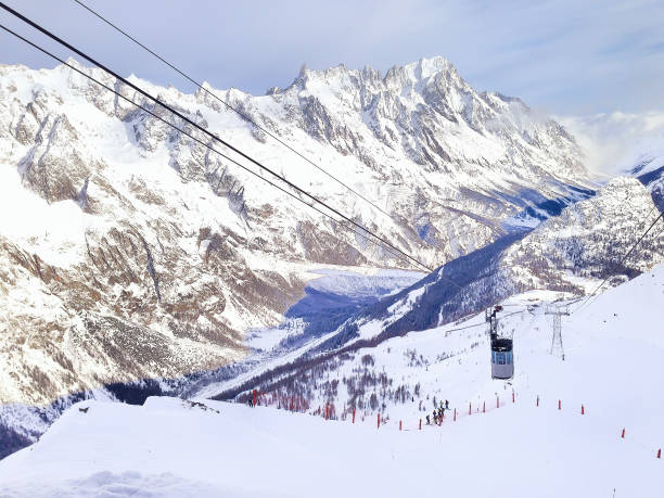 winter schnee berge felsen in alpen, skilift und piste - mont blanc ski slope european alps mountain range stock-fotos und bilder