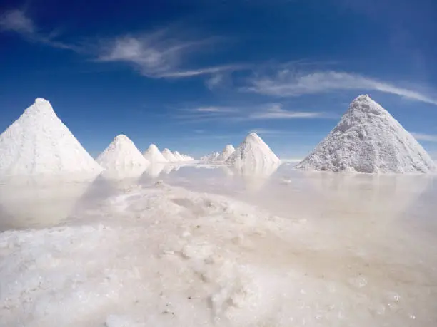 Piles of salt, drying out on the salt flats in Bolivia.