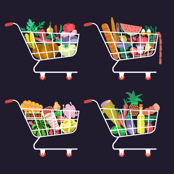 shopping cart food Set of supermarket cart with various healthy food in flat design. Shopping basket with fresh vegetables. vector illustration eps 10 apple pie cheese stock illustrations