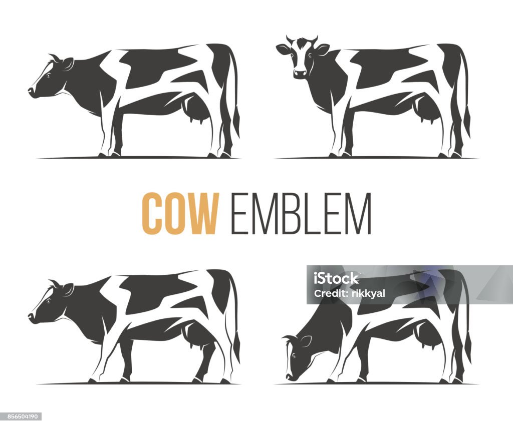 スタイリッシュな斑点を付けられたホルスタイン種乳牛のベクトルを設定します。エンブレム、アイコン、ラベル デザイン。 - 牝牛のロイヤリティフリーベクトルアート