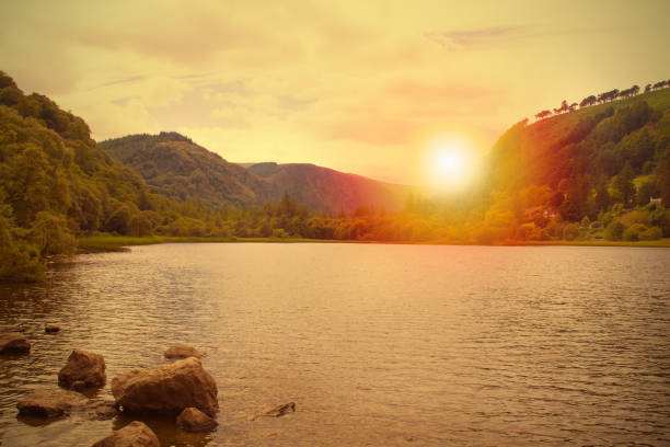 Beautiful view of lake in Glendalough valley, County Wicklow, Ireland. Lake landscape at mountains