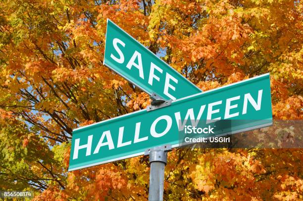 Safe Halloween Street Sign Stock Photo - Download Image Now - Halloween, Safety, Autumn