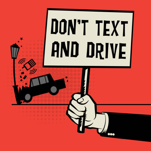 illustrazioni stock, clip art, cartoni animati e icone di tendenza di poster in mano con incidente d'auto e testo don't text and drive - driving text messaging accident danger