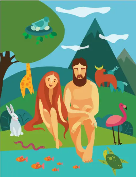 Vector illustration of Adam and Eva in Eden Garden