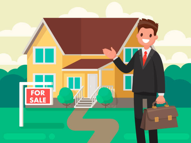 zakup nowego domu. pośrednik w obrocie nieruchomościami pokazuje dom na sprzedaż - house sale real estate agent sign stock illustrations