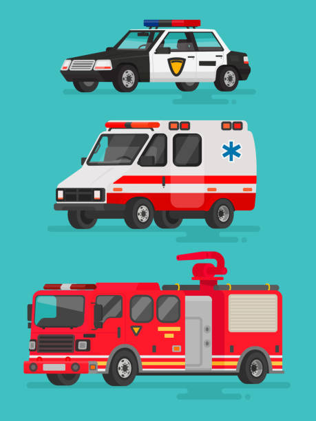 zestaw pojazdów ratowniczych. samochód policyjny, pogotowie ratunkowe i wóz strażacki - fire engine flash stock illustrations