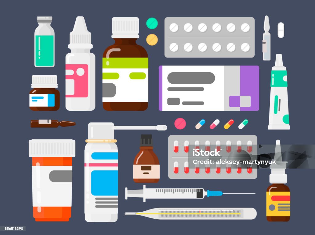 Satz von Medikamenten. Mittel gegen Krankheiten. Tabletten, Ampullen, ein Thermometer und eine Spritze - Lizenzfrei Medikament Vektorgrafik