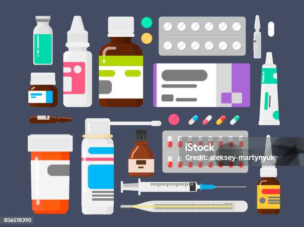 Satz Von Medikamenten Mittel Gegen Krankheiten Tabletten Ampullen Ein Thermometer Und Eine Spritze Stock Vektor Art und mehr Bilder von Medikament