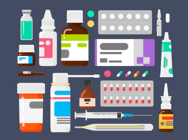 ilustrações, clipart, desenhos animados e ícones de conjunto de medicamentos. meios de doenças. comprimidos de um termômetro, uma seringa e ampolas - symbol healthcare and medicine prescription icon set