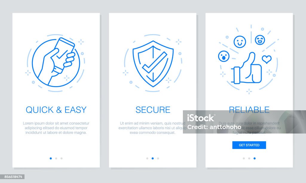 Onboarding app screens. Modern and simplified vector illustration walkthrough screens template for mobile apps. Icon Symbol stock vector