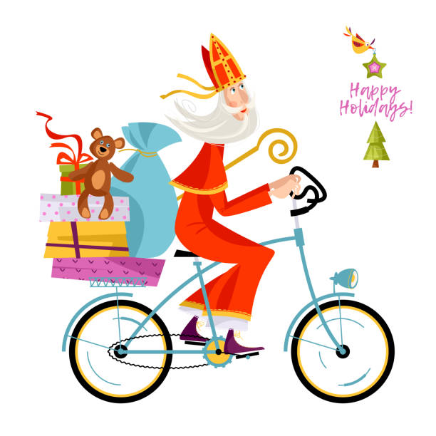 stockillustraties, clipart, cartoons en iconen met santa claus (sinterklaas) op een fiets met geschenken. kerstmis in holland. - sinterklaas