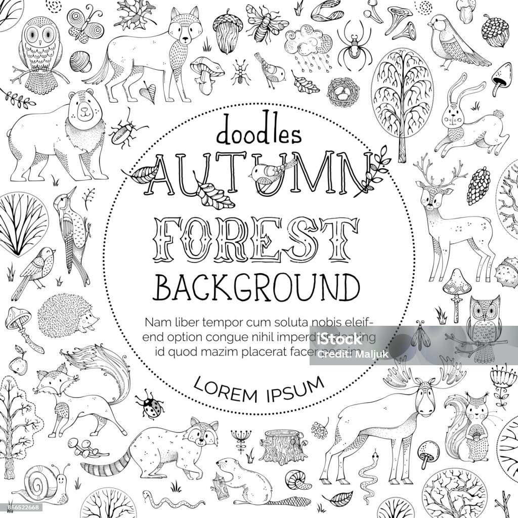 Vector doodles autumn forest background. Hand-drawn woodland animals. Autumn trees and bushes. Elk, fox, wolf, owl, bear, deer, squirrel, hedgehog, racoon and other mammals and birds. Round frame. Animal stock vector