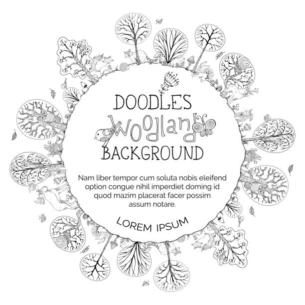 Doodles woodland background. Vector hand-drawn wild animals and forest plants. Moose, hedgehog, raccoon, hare, fox, deer, owl. Trees, bushes and leaves, mushrooms. Can be used in colouring book. woodland park zoo stock illustrations