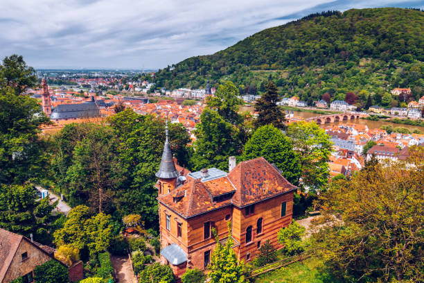 panoramic view of beautiful medieval town heidelberg including carl theodor old bridge, neckar river, church of the holy spirit, germany - castle nuremberg fort skyline imagens e fotografias de stock