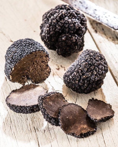istock Black truffles on the old wooden table. 856530312