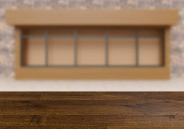 istock The wooden table. Blurred interior. Empty shop window 856533500