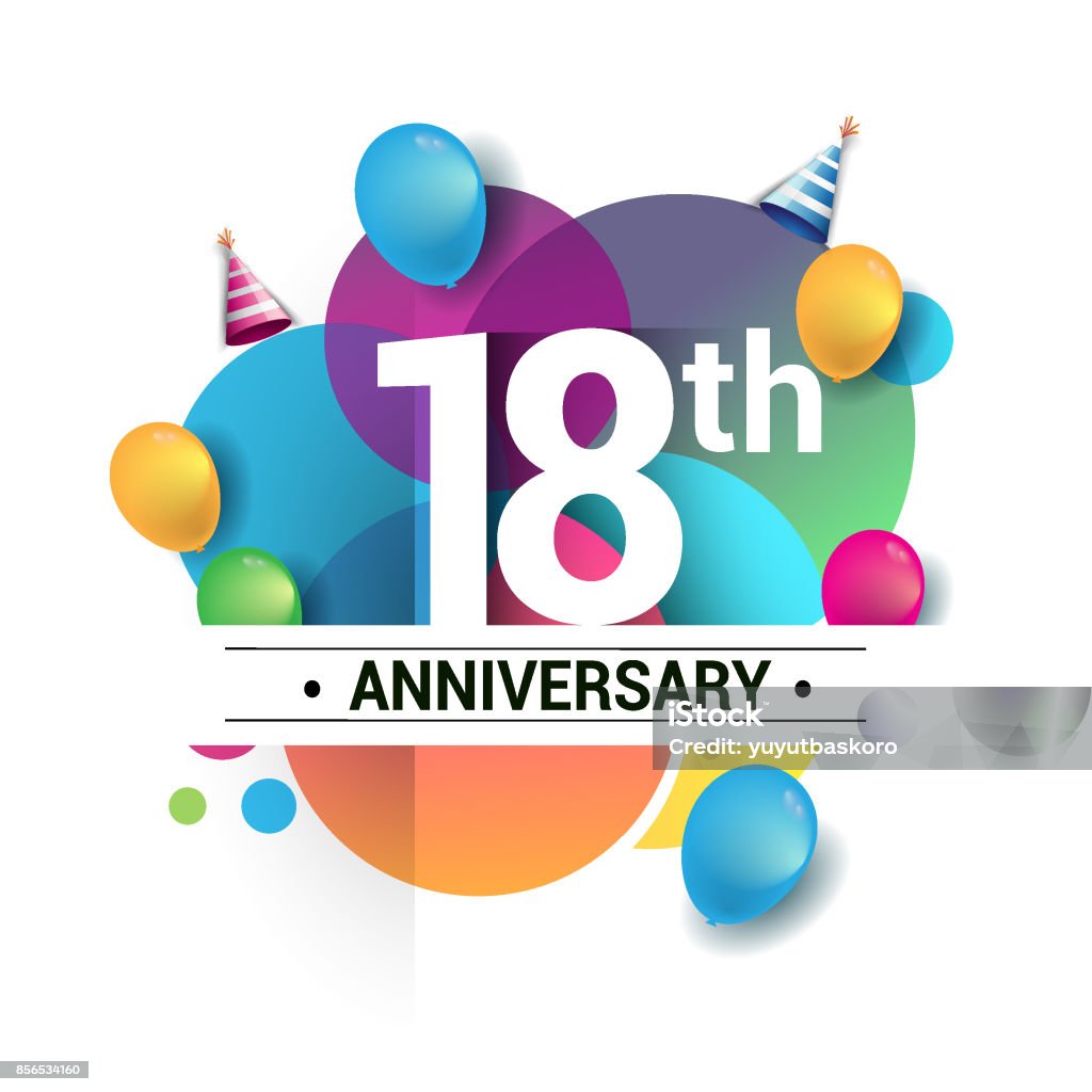 18 ans anniversaire logo, vector design fête d’anniversaire avec colorés géométriques, cercles et ballons isolés sur fond blanc. - clipart vectoriel de 18-19 ans libre de droits