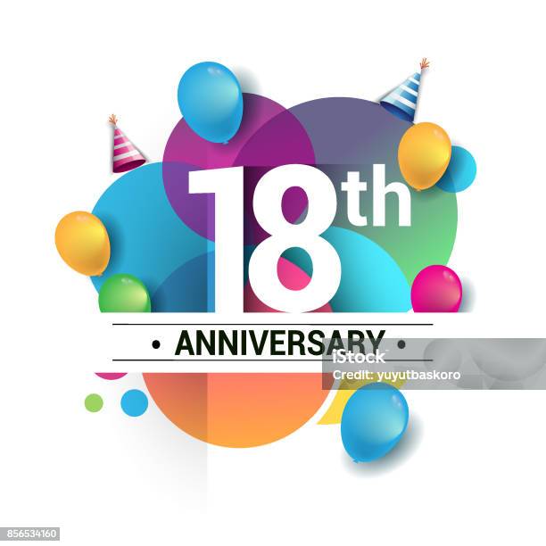 18 Ans Anniversaire Logo Vector Design Fête Danniversaire Avec Colorés Géométriques Cercles Et Ballons Isolés Sur Fond Blanc Vecteurs libres de droits et plus d'images vectorielles de 18-19 ans