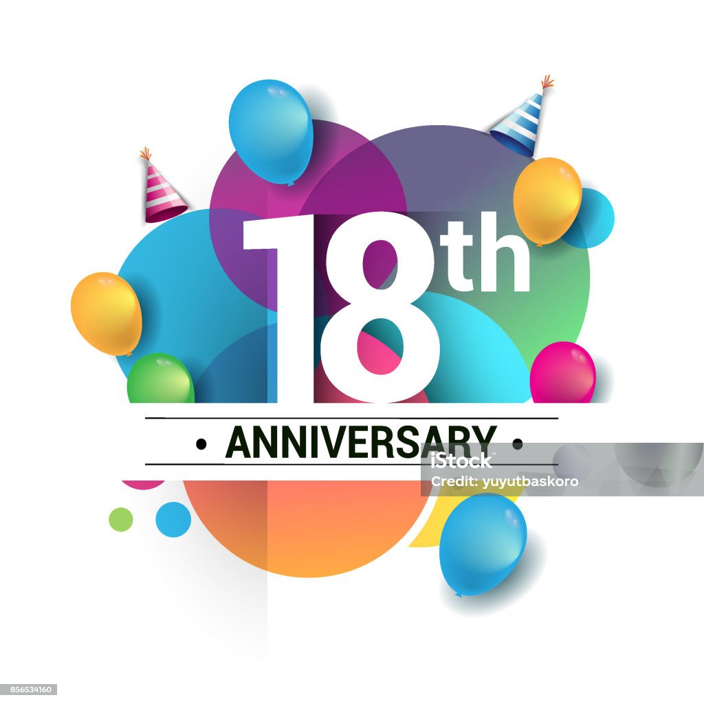 18th years anniversary logo, vector design birthday celebration with colorful geometric, Circles and balloons isolated on white background. 18th years anniversary logo, vector design birthday celebration with colorful geometric, Circles and balloons. 18-19 Years stock vector